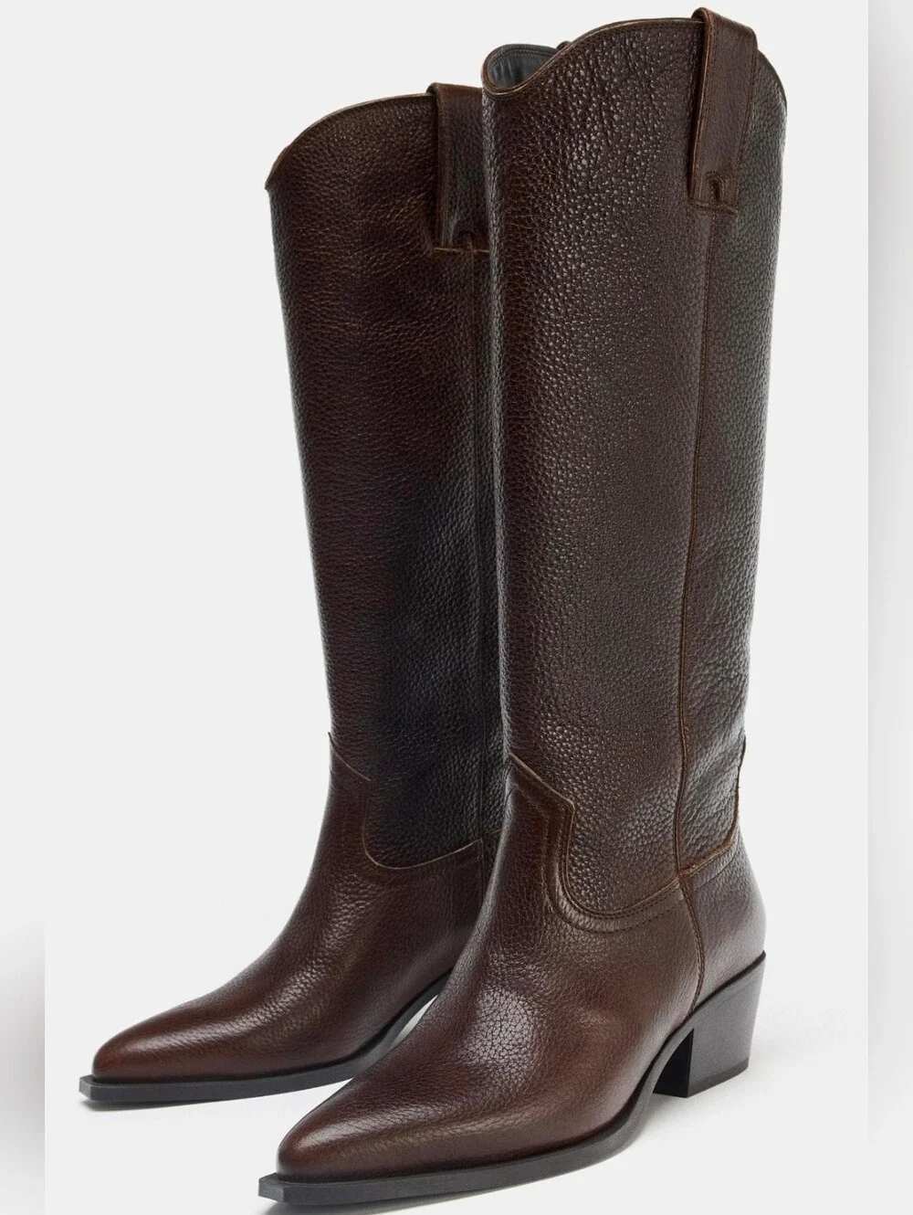NWT ZARA Brown Pebbled Leather Western Cowboy Boots Women's 6.5 EUR 37